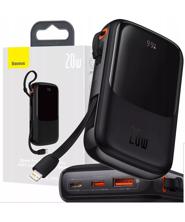 BASEUS POWER BANK 10000 mAh 20W SU INTEGRUOTU LIGHTNING KABELIU GALINGAS IŠORINIS AKUMULIATORIUS