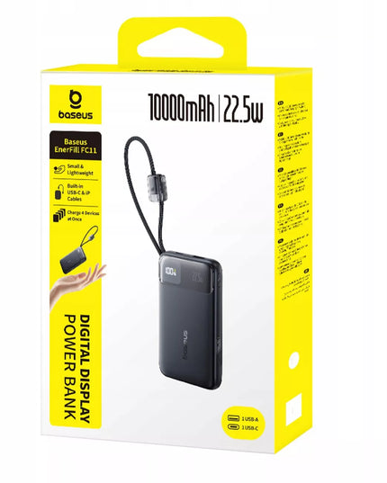 BASEUS išorinė baterija 10000 mAh 22.5W su USB-C ir Lightning laidais Apple Android