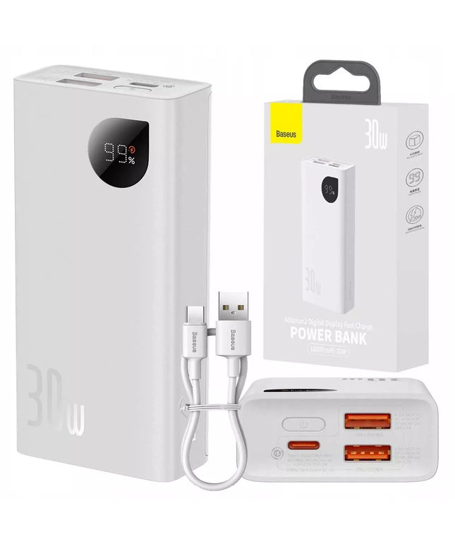 BASEUS išorinė baterija 10000mAh 30W 2x USB USB-C galinga greito įkrovimo baterija + laidas
