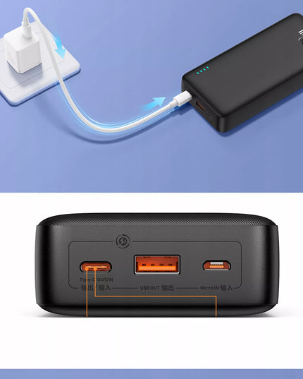 BASEUS išorinė baterija 20000mAh 20W su greitu įkrovimu USB-C USB-A ir laidu