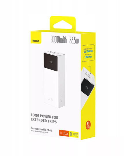 BASEUS išorinė baterija 30000 mAh USB-C PD 22.5W galinga, greita ir saugi su laidu