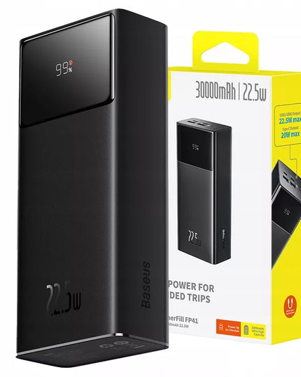 BASEUS galingas, greitas ir talpus 30000 mAh išorinis akumuliatorius, USB-C PD 22.5 W, saugus