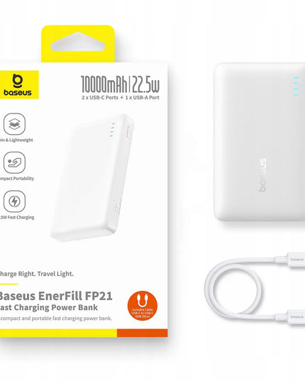 BASEUS išorinė baterija 10000 mAh 22,5W greitas įkrovimas USB-C USB-A PD QC su integruotu laidu