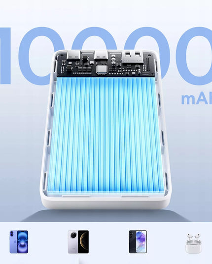 BASEUS išorinė baterija 10000 mAh 22,5W greitas įkrovimas USB-C USB-A PD QC su integruotu laidu