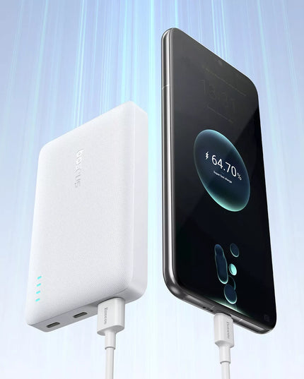 BASEUS išorinė baterija 10000 mAh 22,5W greitas įkrovimas USB-C USB-A PD QC su integruotu laidu