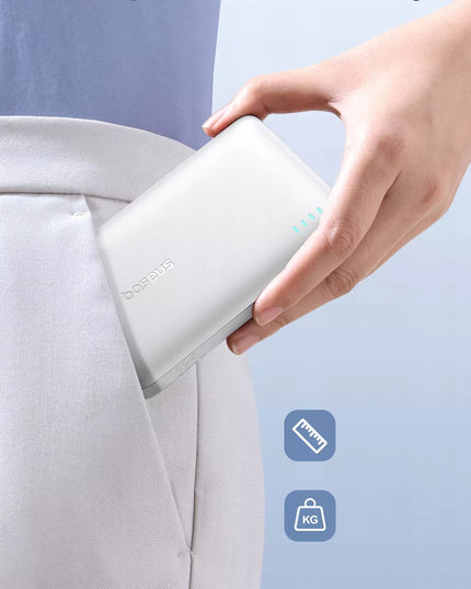 BASEUS išorinė baterija 10000 mAh 22,5W greitas įkrovimas USB-C USB-A PD QC su integruotu laidu