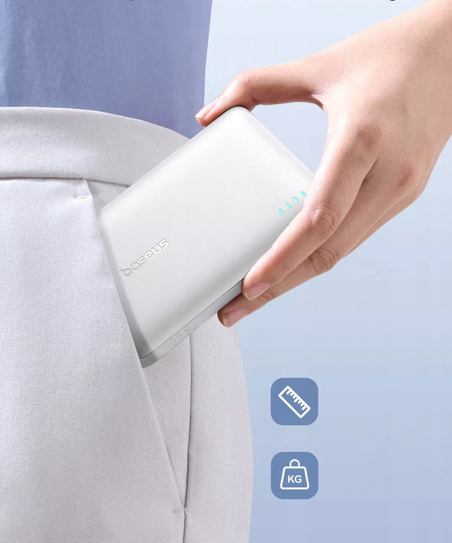 BASEUS išorinė baterija 10000 mAh 22,5W greitas įkrovimas USB-C USB-A PD QC su integruotu laidu