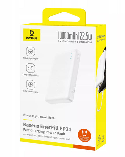 BASEUS išorinė baterija 10000 mAh 22,5W greitas įkrovimas USB-C USB-A PD QC su integruotu laidu