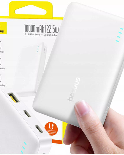 BASEUS išorinė baterija 10000 mAh 22,5W greitas įkrovimas USB-C USB-A PD QC su integruotu laidu
