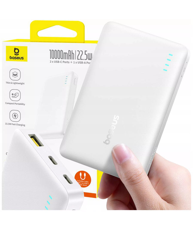 BASEUS išorinė baterija 10000 mAh 22,5W greitas įkrovimas USB-C USB-A PD QC su integruotu laidu
