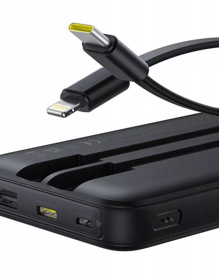 BASEUS išorinė baterija 10000mAh 22.5W USB-C USB-A su įmontuotais USB-C ir Lightning kabeliais
