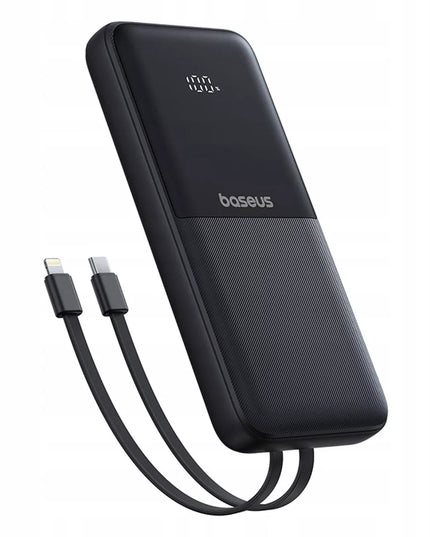 BASEUS išorinė baterija 10000mAh 22.5W USB-C USB-A su įmontuotais USB-C ir Lightning kabeliais