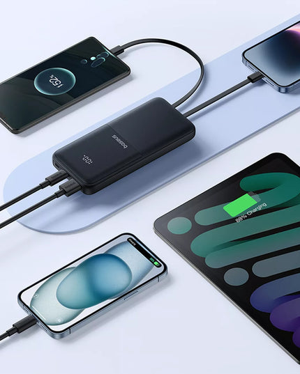 BASEUS išorinė baterija 10000mAh 22.5W USB-C USB-A su įmontuotais USB-C ir Lightning kabeliais
