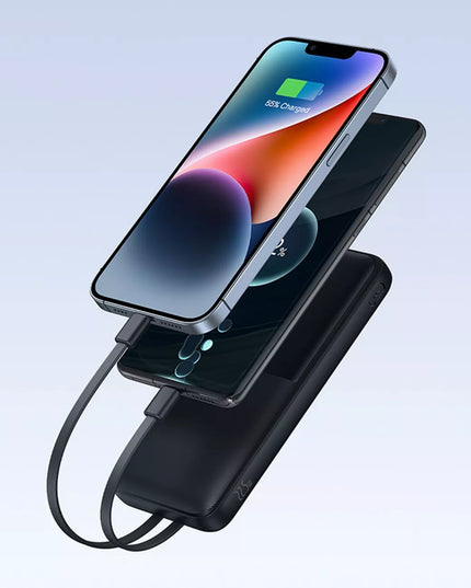 BASEUS išorinė baterija 10000mAh 22.5W USB-C USB-A su įmontuotais USB-C ir Lightning kabeliais