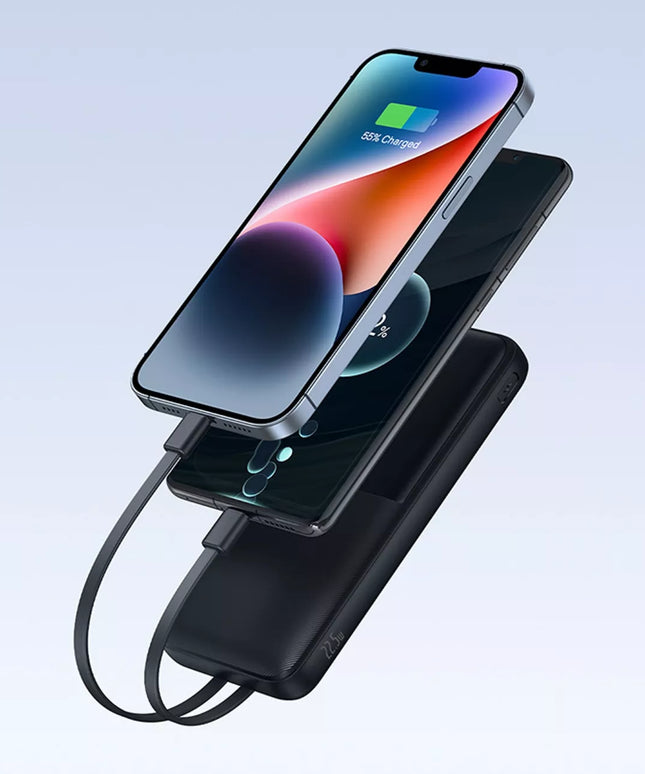 BASEUS išorinė baterija 10000mAh 22.5W USB-C USB-A su įmontuotais USB-C ir Lightning kabeliais