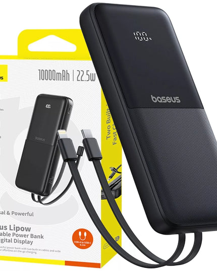BASEUS išorinė baterija 10000mAh 22.5W USB-C USB-A su įmontuotais USB-C ir Lightning kabeliais