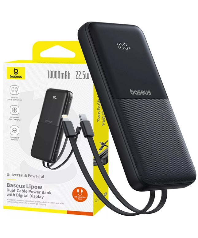 BASEUS išorinė baterija 10000mAh 22.5W USB-C USB-A su įmontuotais USB-C ir Lightning kabeliais