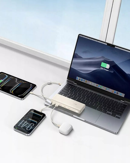BASEUS išorinė baterija 20000 mAh 100W su integruotais USB-C laidais iki 4 įrenginių
