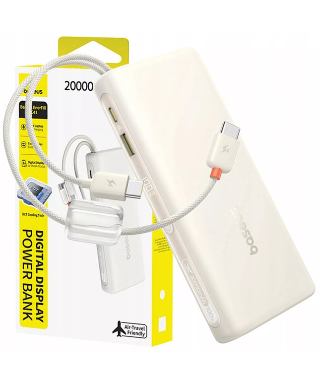 BASEUS išorinė baterija 20000 mAh 100W su integruotais USB-C laidais iki 4 įrenginių