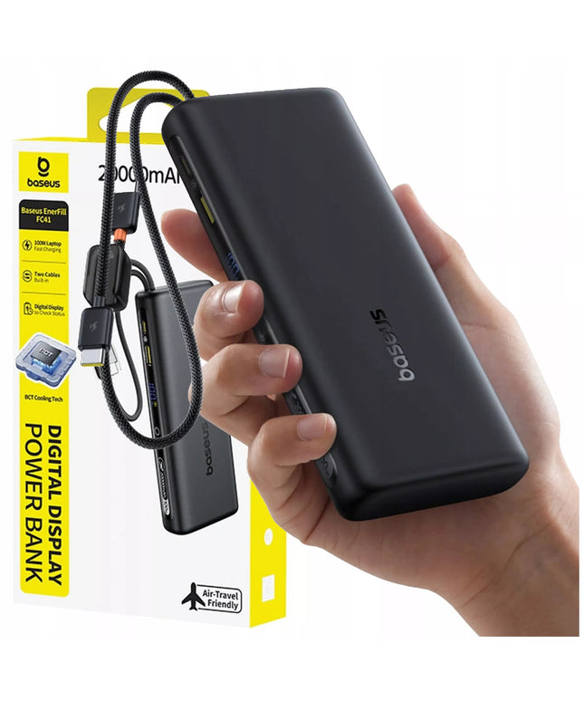 BASEUS išorinė baterija 20000mAh 100W USB-C USB-A su laidais 2x USB-C greitas įkrovimas