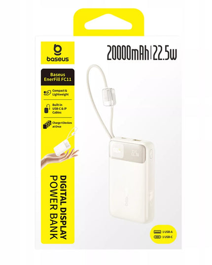 BASEUS išorinė baterija 20000mAh 22.5W USB-C USB-A su įmontuotais USB-C ir Lightning laidais