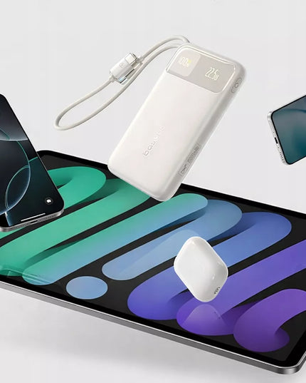 BASEUS išorinė baterija 20000mAh 22.5W USB-C USB-A su įmontuotais USB-C ir Lightning laidais