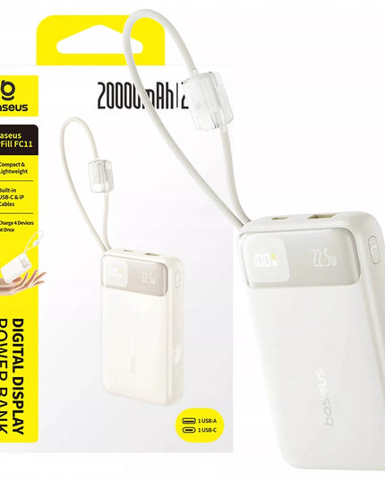 BASEUS išorinė baterija 20000mAh 22.5W USB-C USB-A su įmontuotais USB-C ir Lightning laidais