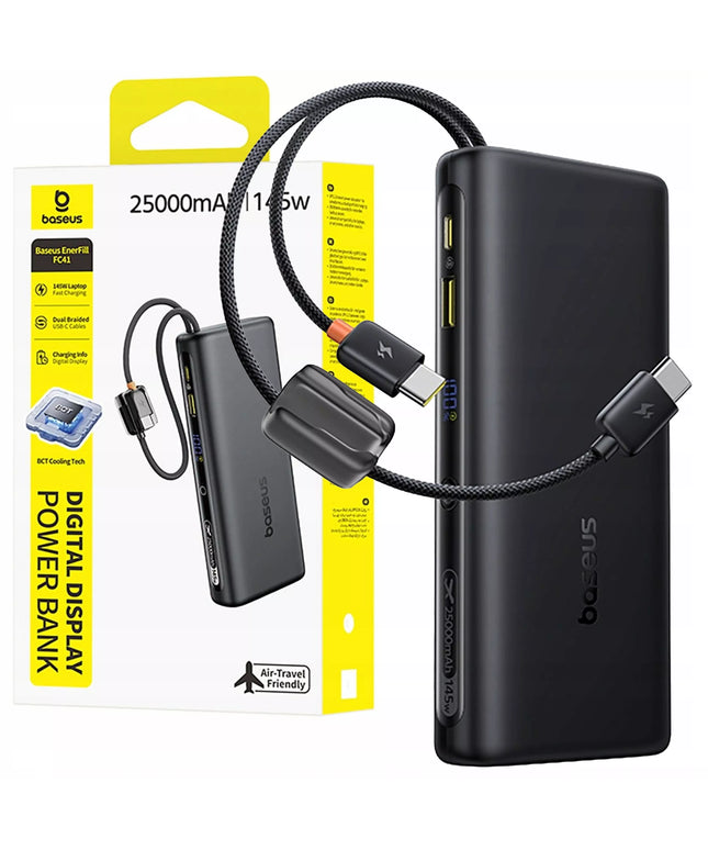 BASEUS išorinė baterija 25000 mAh 145W QC 2x USB-C USB-A PD nešiojamam kompiuteriui ir telefonui