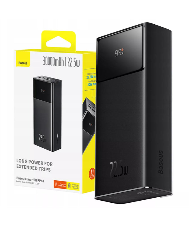 BASEUS išorinė baterija 30000 mAh USB-C PD 22.5W galinga greita saugi su laidu