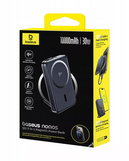 BASEUS indukcinis maitinimo blokas 10000 mAh 30W Qi2 MagSafe su USB-C laidu ir stovu