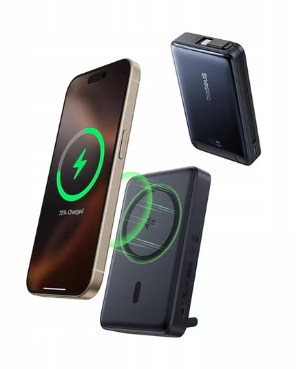 BASEUS indukcinis maitinimo blokas 10000 mAh 30W Qi2 MagSafe su USB-C laidu ir stovu