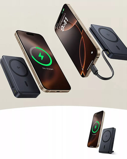 BASEUS indukcinis maitinimo blokas 10000 mAh 30W Qi2 MagSafe su USB-C laidu ir stovu