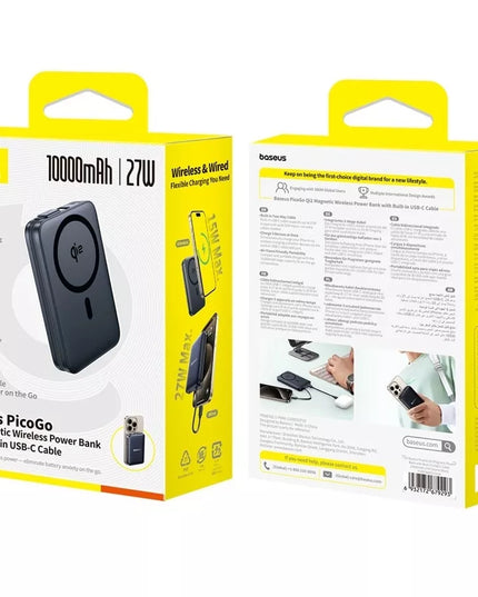 BASEUS magnetinis maitinimo blokas QI2 10000 mAh 27 W USB-C su integruotu greitojo įkrovimo laidu