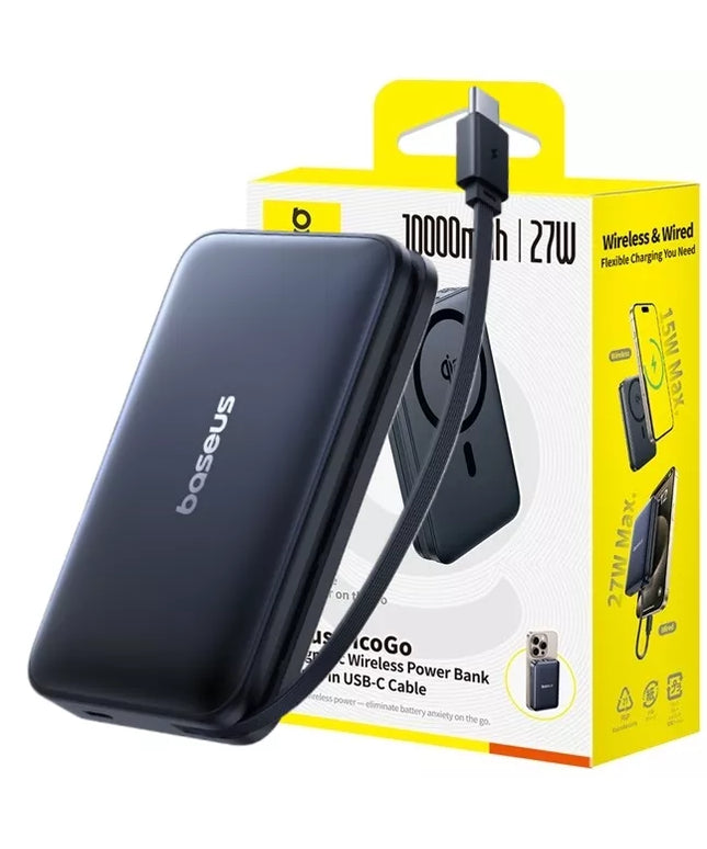 BASEUS magnetinis maitinimo blokas QI2 10000 mAh 27 W USB-C su integruotu greitojo įkrovimo laidu