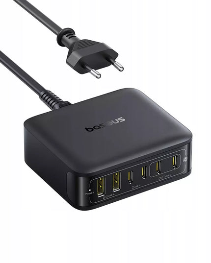 BASEUS 120W įkrovimo stotis, 6 prievadai USB-C ir USB-A, GaN technologija, skirta nešiojamiesiems kompiuteriams ir telefonams