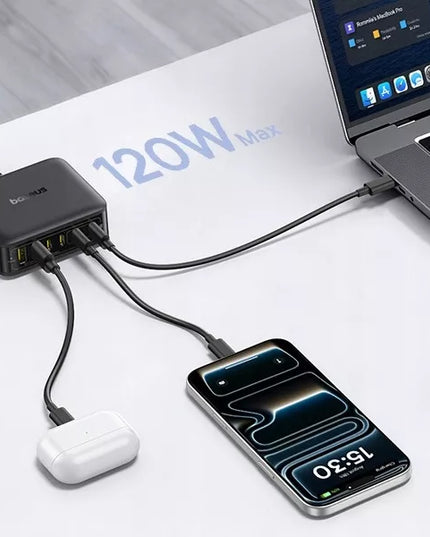 BASEUS 120W įkrovimo stotis, 6 prievadai USB-C ir USB-A, GaN technologija, skirta nešiojamiesiems kompiuteriams ir telefonams