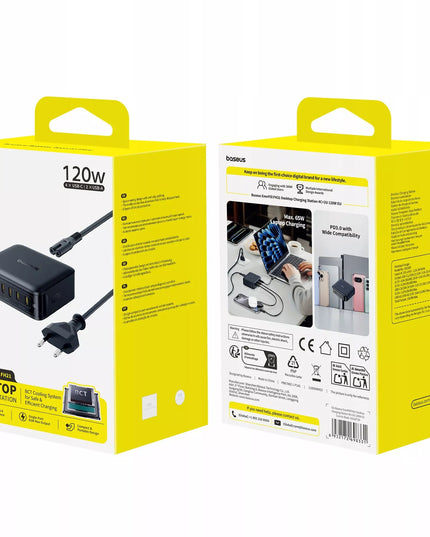 BASEUS 120W įkrovimo stotis, 6 prievadai USB-C ir USB-A, GaN technologija, skirta nešiojamiesiems kompiuteriams ir telefonams