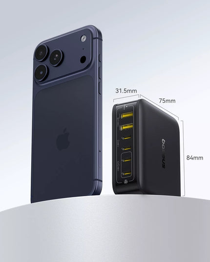 BASEUS 120W įkrovimo stotis, 6 prievadai USB-C ir USB-A, GaN technologija, skirta nešiojamiesiems kompiuteriams ir telefonams