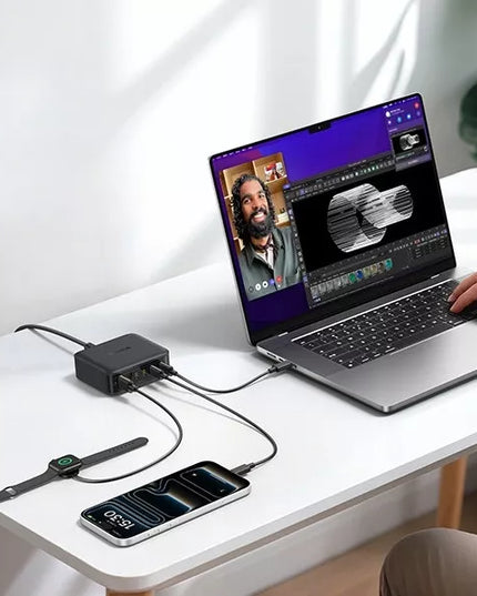 BASEUS 120W įkrovimo stotis, 6 prievadai USB-C ir USB-A, GaN technologija, skirta nešiojamiesiems kompiuteriams ir telefonams