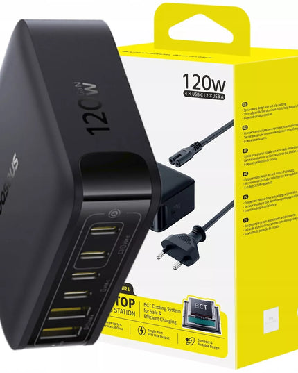 BASEUS 120W įkrovimo stotis, 6 prievadai USB-C ir USB-A, GaN technologija, skirta nešiojamiesiems kompiuteriams ir telefonams