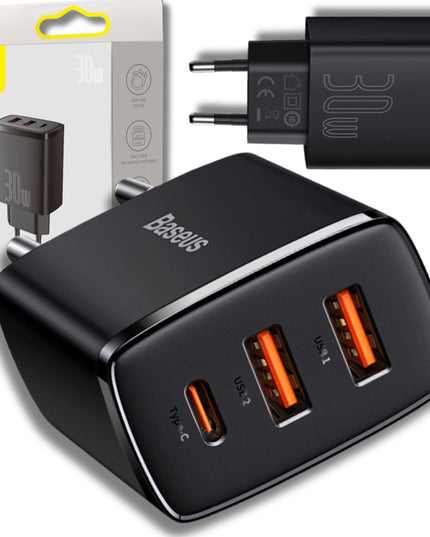 BASEUS Greitas įkroviklis telefonui, C tipo USB, 2x USB, 30W PD QC 3.0 AFC