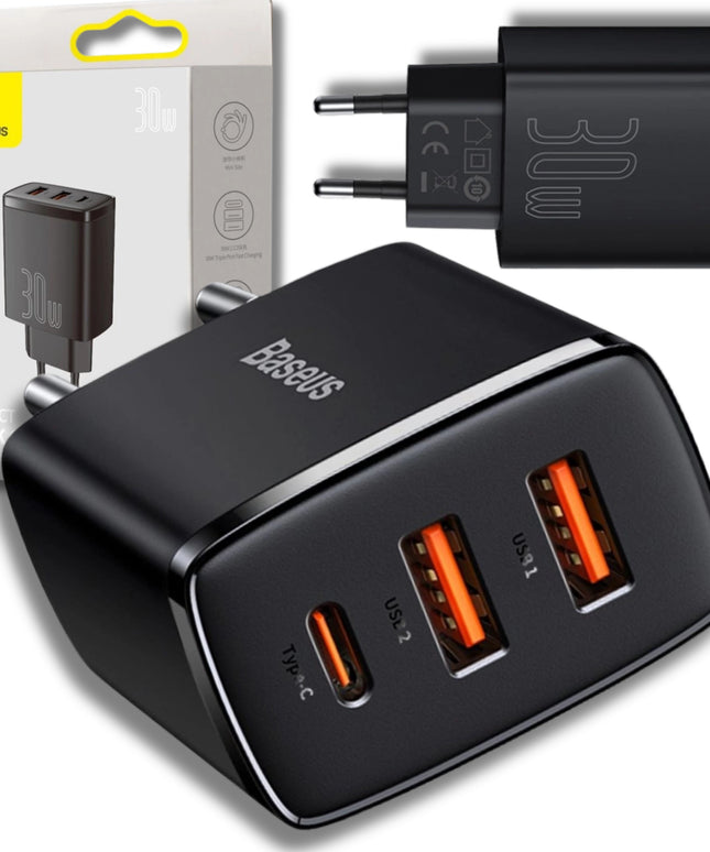 BASEUS Greitas įkroviklis telefonui, C tipo USB, 2x USB, 30W PD QC 3.0 AFC