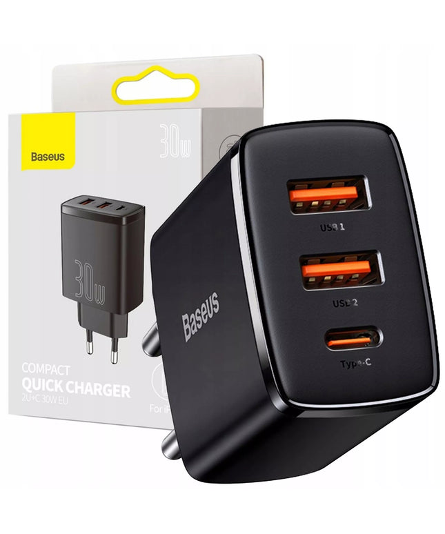 BASEUS Greitas įkroviklis telefonui, C tipo USB, 2x USB, 30W PD QC 3.0 AFC