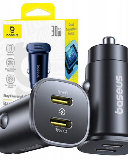 BASEUS Greitas automobilinis įkroviklis 2x USB-C Tipas C PD 30W maitinimo šaltinis automobiliui