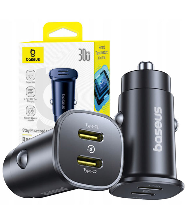 BASEUS Greitas automobilinis įkroviklis 2x USB-C Tipas C PD 30W maitinimo šaltinis automobiliui