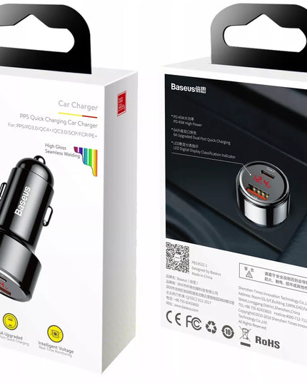 Baseus greitas automobilinis įkroviklis telefonui 45W PD 2x USB USB-C 5A QC