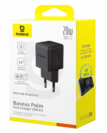 BASEUS Greitas Sieninis Įkroviklis USB-C USB-A 20W PD Telefonui, Planšetiniam Kompiuteriui