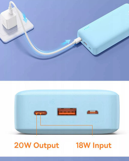 BASEUS greitasis 20000 mAh 20W USB USB-C išorinis akumuliatorius kelioninis saugus + laidas