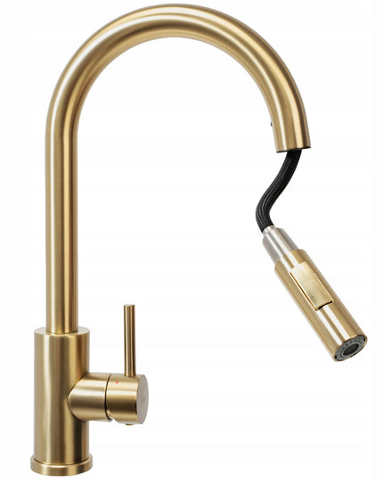 Auksinis virtuvinis maišytuvas REA FRESH GOLD su ištraukiamu snapeliu, aukštas 39,5 cm