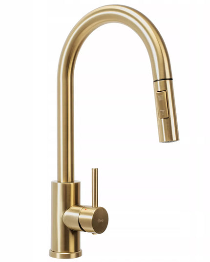 Auksinis virtuvinis maišytuvas REA FRESH GOLD su ištraukiamu snapeliu, aukštas 39,5 cm